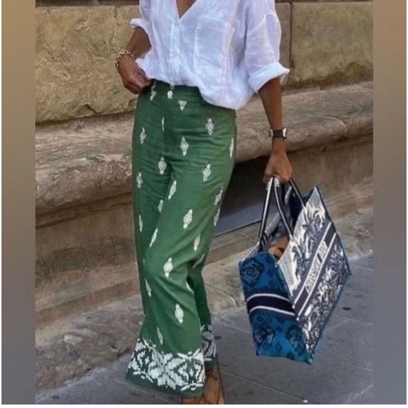 ZARA Linen Blend High Waisted Wide Leg Embroidered Culotte Pants - Picture 4 of 9